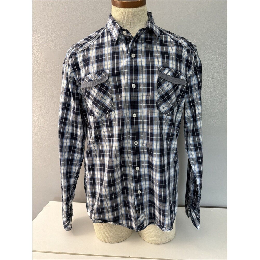 7 Diamonds Men's Large Plaid Long Sleeve Button Down Shirt Blue White Cotton